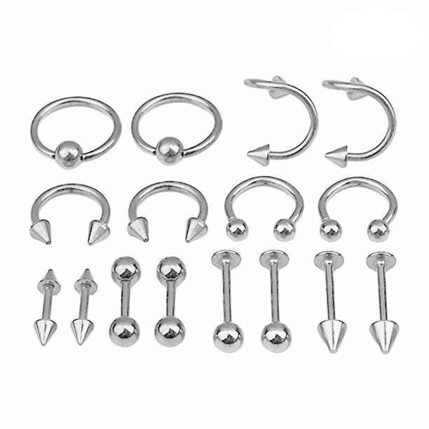 Juego de 16 piercings de acero quirúrgico en espiral para el ombligo, la lengua, la ceja y el cuerpo, para mujer (color acero)