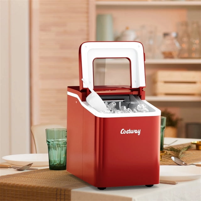 Máquina de Hacer Hielo Costway con Función Limpieza Cucharón y Cesta Removible Rojo 30 x 23 x 30 cm