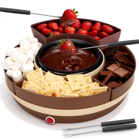 Mailand Electric Fondue Pot Set, Chocolate Melting Pot with 4-Section Food Trays for Family, Fondue Set, Brown