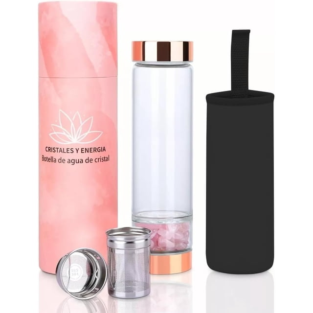 Botella de agua de cristal de energía de piedra natural,Botellas De Cuarzo de vidrio,Termos para agua,Piedra,Relaja,Caja de embalaje,Rose Gold (Cristal rosa)