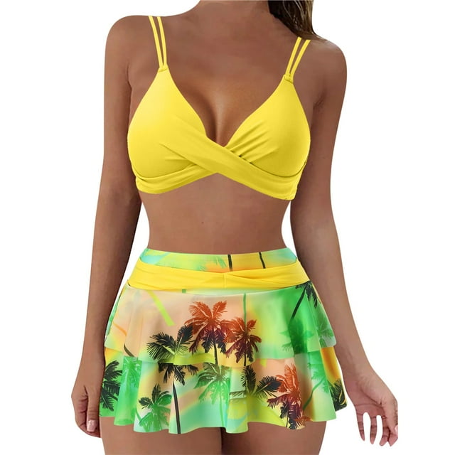 TSADFHJI Maillot de Bain pour Femmes avec Jupe, Maillot de Bain Grande Taille, Style Robe, Culottes à Volants Imprimées, Bikini, Maillot de Bain pour Femmes, P Jaune
