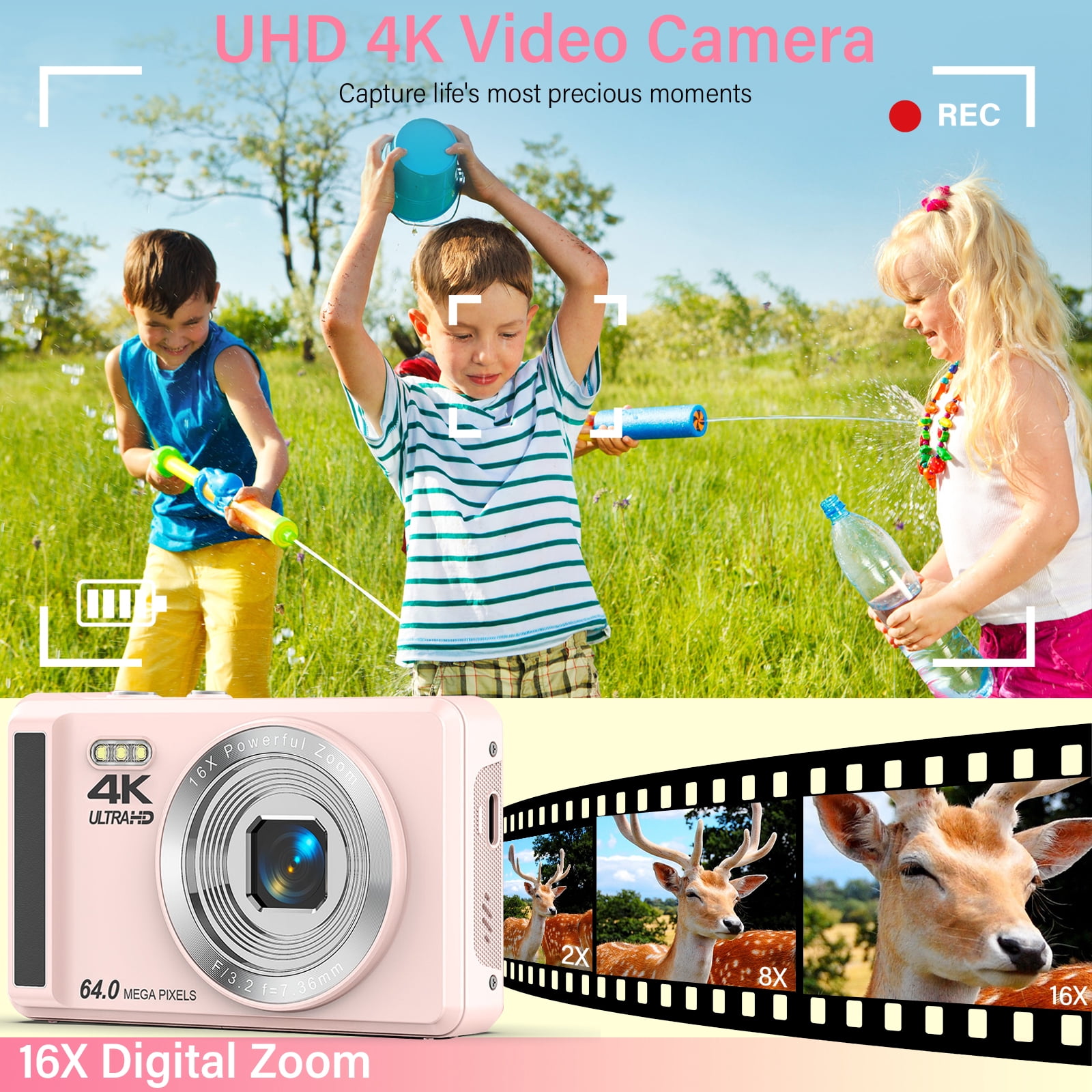MARVUE Digital Camera 4K UHD 64MP 16X Digital Zoom with 32GB SD Card