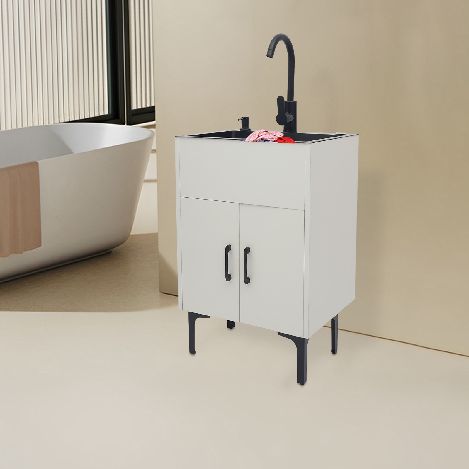 Freestanding Bathroom Sink Cabinet, 201 Stainless Steel, Solid Wood Construction, Nano Coating, Welding, Polishing Process, Perfect for Hotels, Restaurants, and Kindergartens
