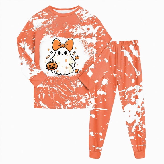 TOWED22 Girls Boys Halloween Pajamas Big Boys Pjs Set Pumpkin Ghost Graphic Long Sleeve and Pants Jammies 2 Piece Boys Sleepwear Lounge Clothe(Orange,2-3 Y)