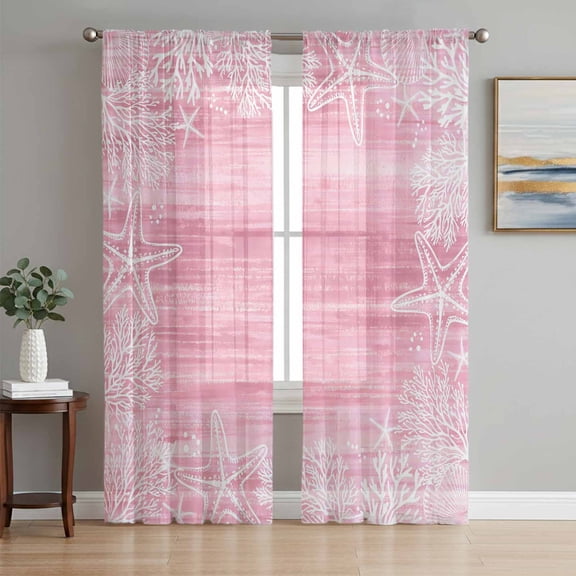 Pink Coastal Sheer Curtains 84 Inch Length 2 Panels Set, Summer Ocean Sea Ombre Starfish Corals Voile Window Treatment Rod Pocket Curtains Sheers Drapes for Bedroom/Living Room/Kitchen 52"x84"x2