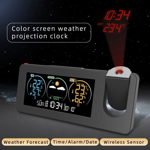 Htovila FJ3538 New Electronic Projection Clock Weather Station Weather Forecast Temperature and Humidity Color Screen Digital Alarm Clock
