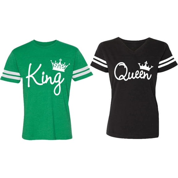 Fashion King Queen Matching Couple Cotton Jerseys (Men Green / Women Black) (Men S / Women S)