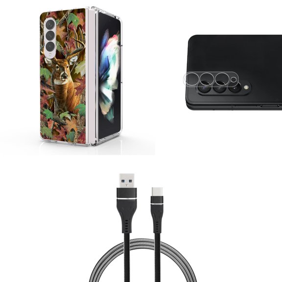 Accessory Bundle for Galaxy Z Fold 4: Slim Snap-On Case (Hunter Camo Deer), Rear Camera Glass Protector, Nylon Braided USB-C to USB-A Cable (3 Feet)