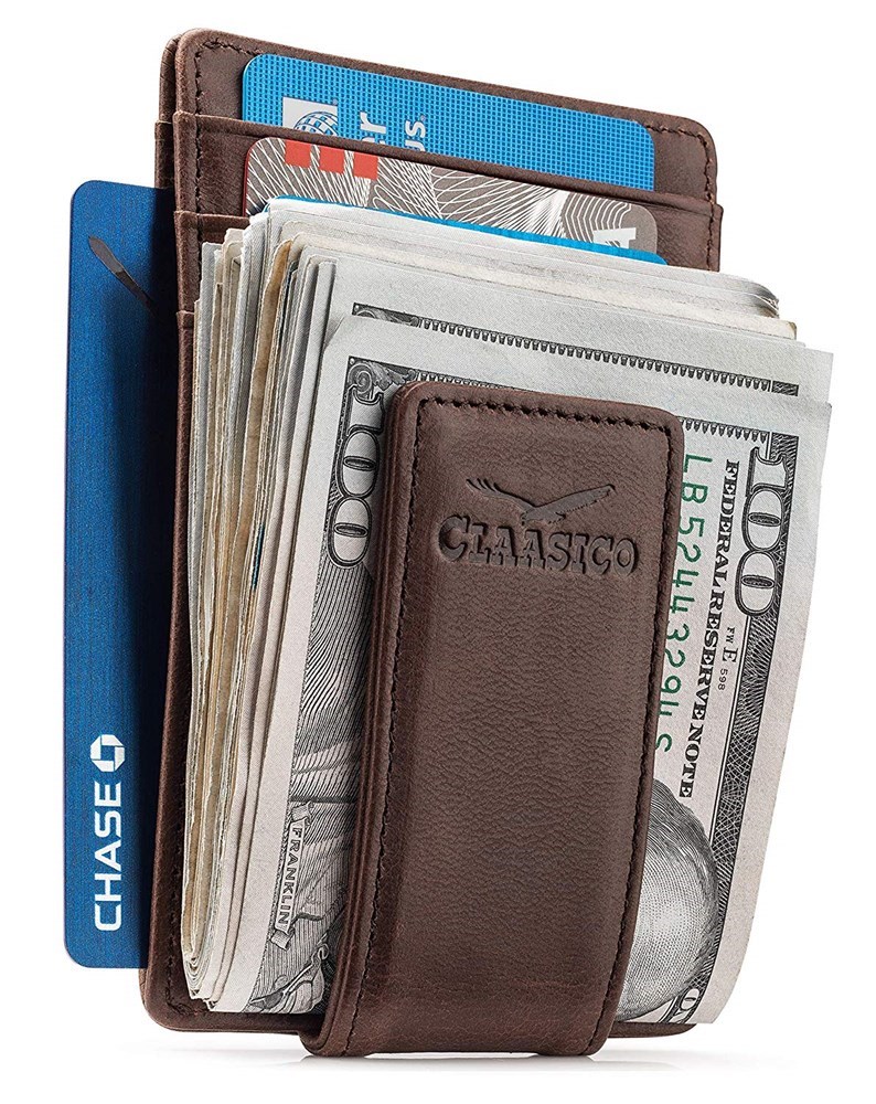 Mens Magnet Money Clip Front Pocket Wallet Genuine Leather Wallet with D-ring and RFID Blocking