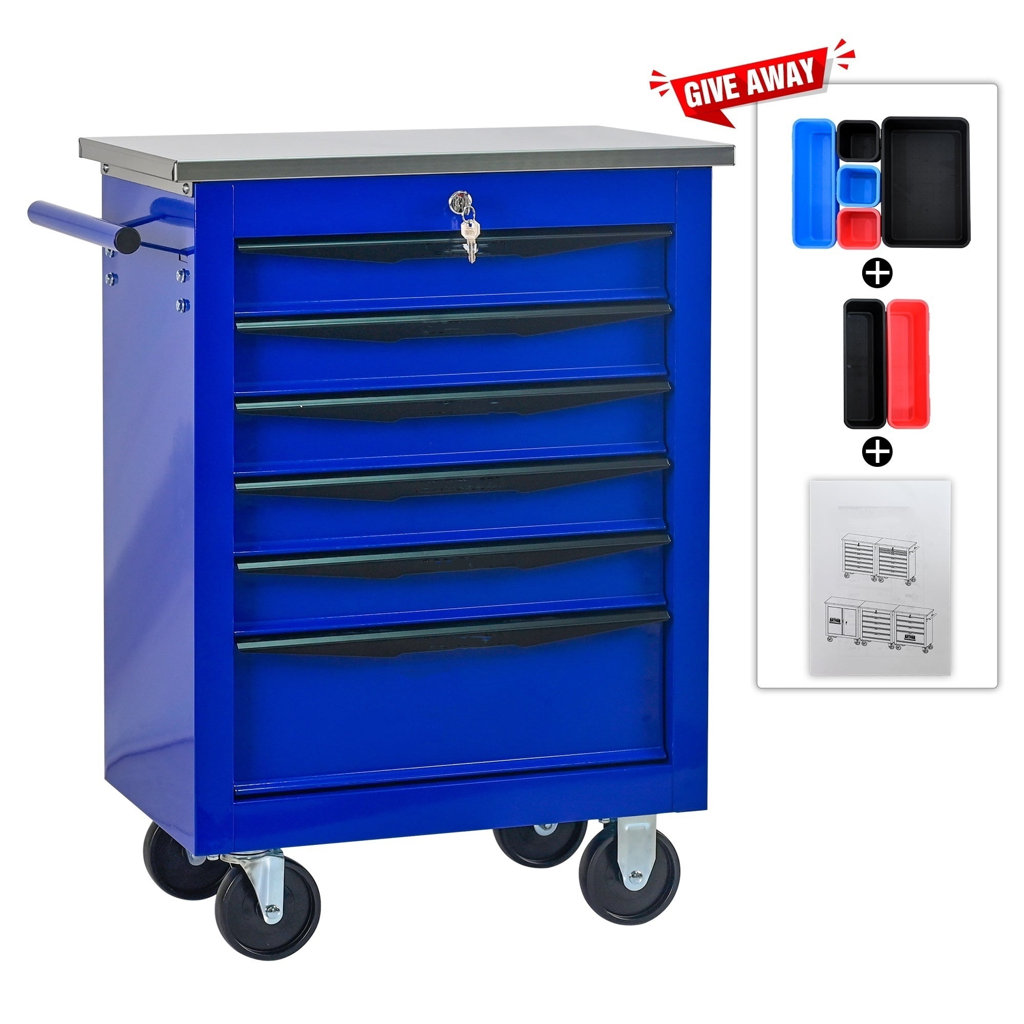 6 Drawers Tool Cart on Wheels,Lockable Multifunctional Metal Rolling Tool Chest