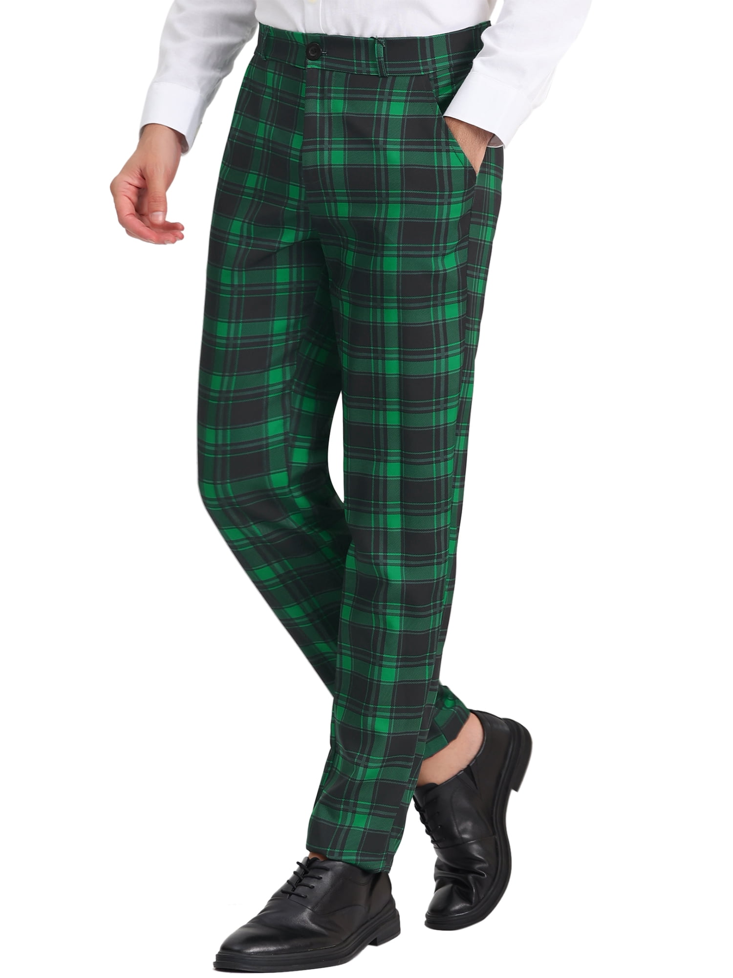 Unique Bargains Men's Checked Suit Pants Flat Front Elastic Waist Plaid Pants 32 Green