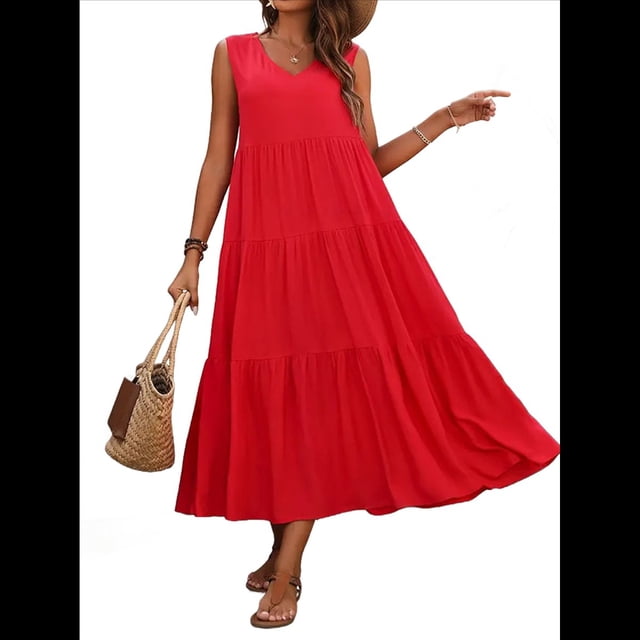 Vestidos de Verano para Mujer, Sin Mangas, Largos, con Escote en V, Informales, Fluidos y con . Rojo M