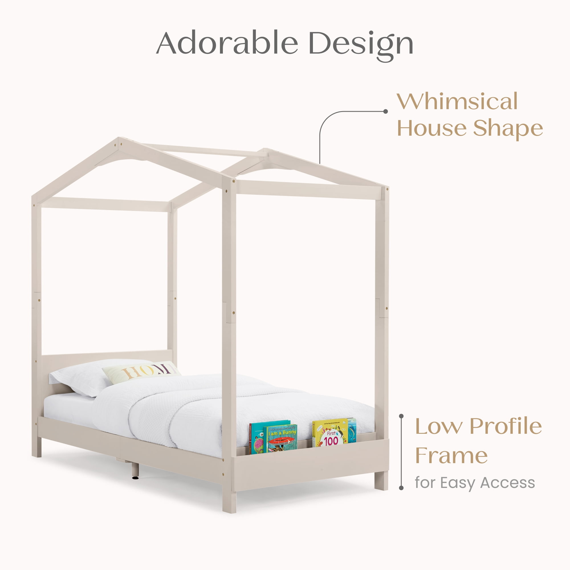 Delta Children Poppy House Wood Twin Bed, Platform Bed - No Box Spring Needed, Natural Sandstone