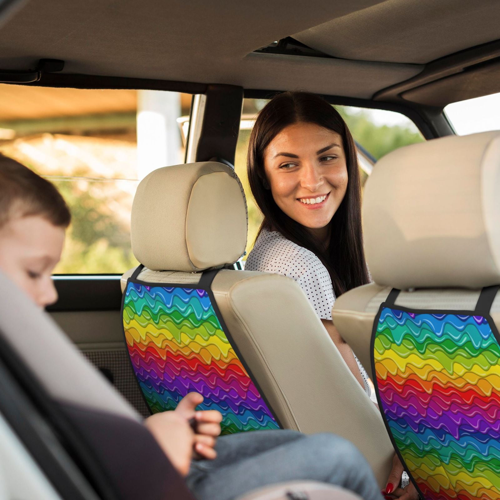 Xecao Bright Rainbow Pattern Car Seat Back Protector 2 Pack Large Capacity Pocket, Kick Mats Back Seat Protector