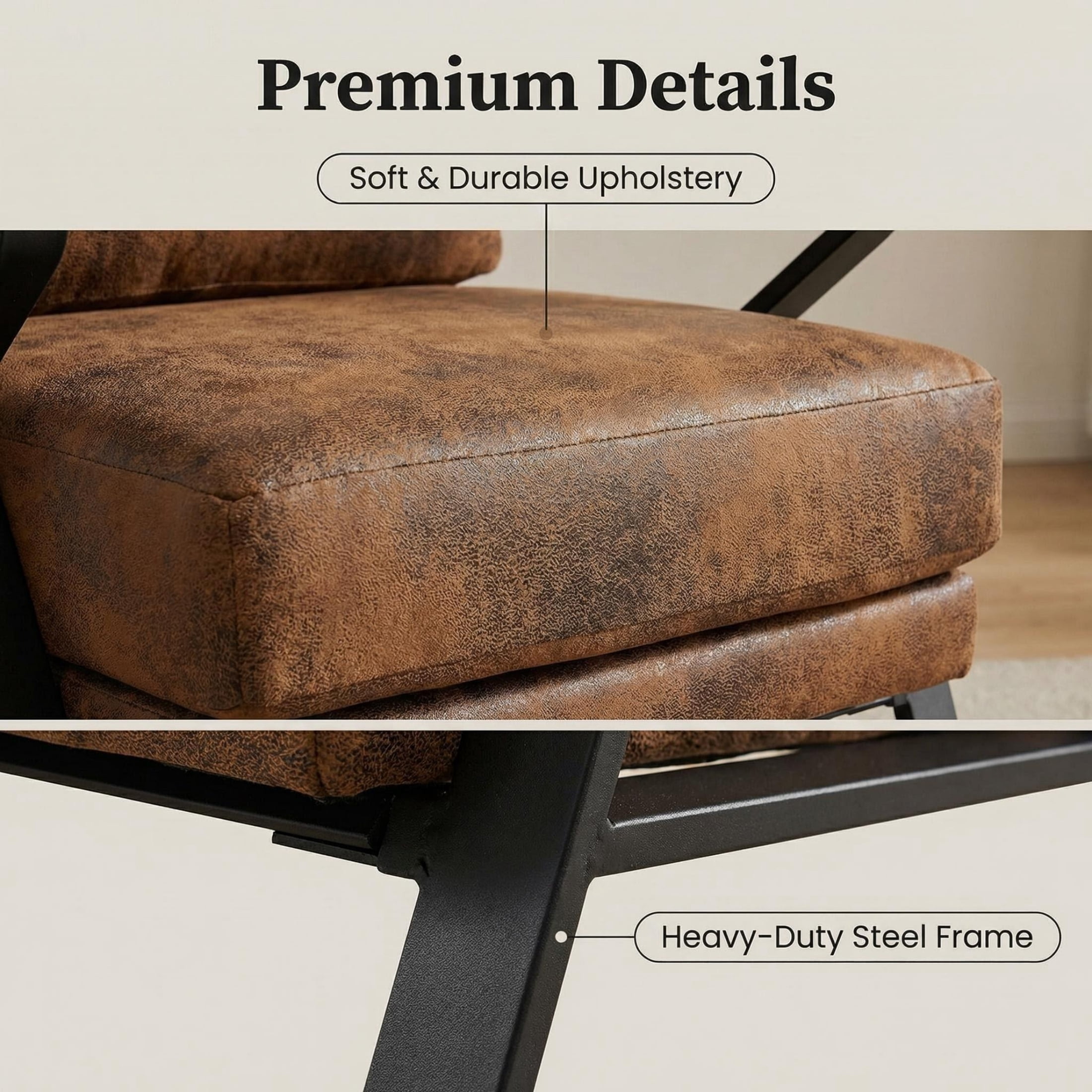 Vinform Mid-Century Accent Chair, Arm Chair with Upholstered Thicker Cushion, Metal Frame for Living Room, Caramel Brown