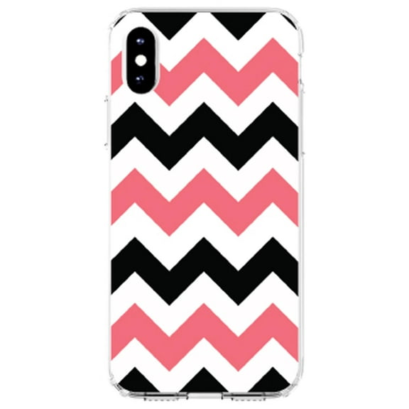 DistinctInk Clear Shockproof Hybrid Case for iPhone XR (6.1" Screen) - TPU Bumper, Acrylic Back, Tempered Glass Screen Protector - Black Pink Chevron Stripes - Chevron Stripes Pattern