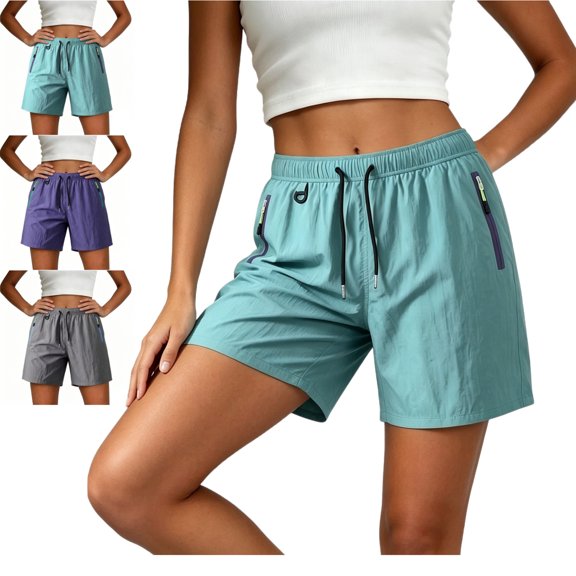 LEKWK Shorts for Women Athletic High Waisted Quick Dry Hiking Shorts Drawstring Lightweight Gym Shorts with Zipper Pockets Summer Outdoor Vacation Outfits