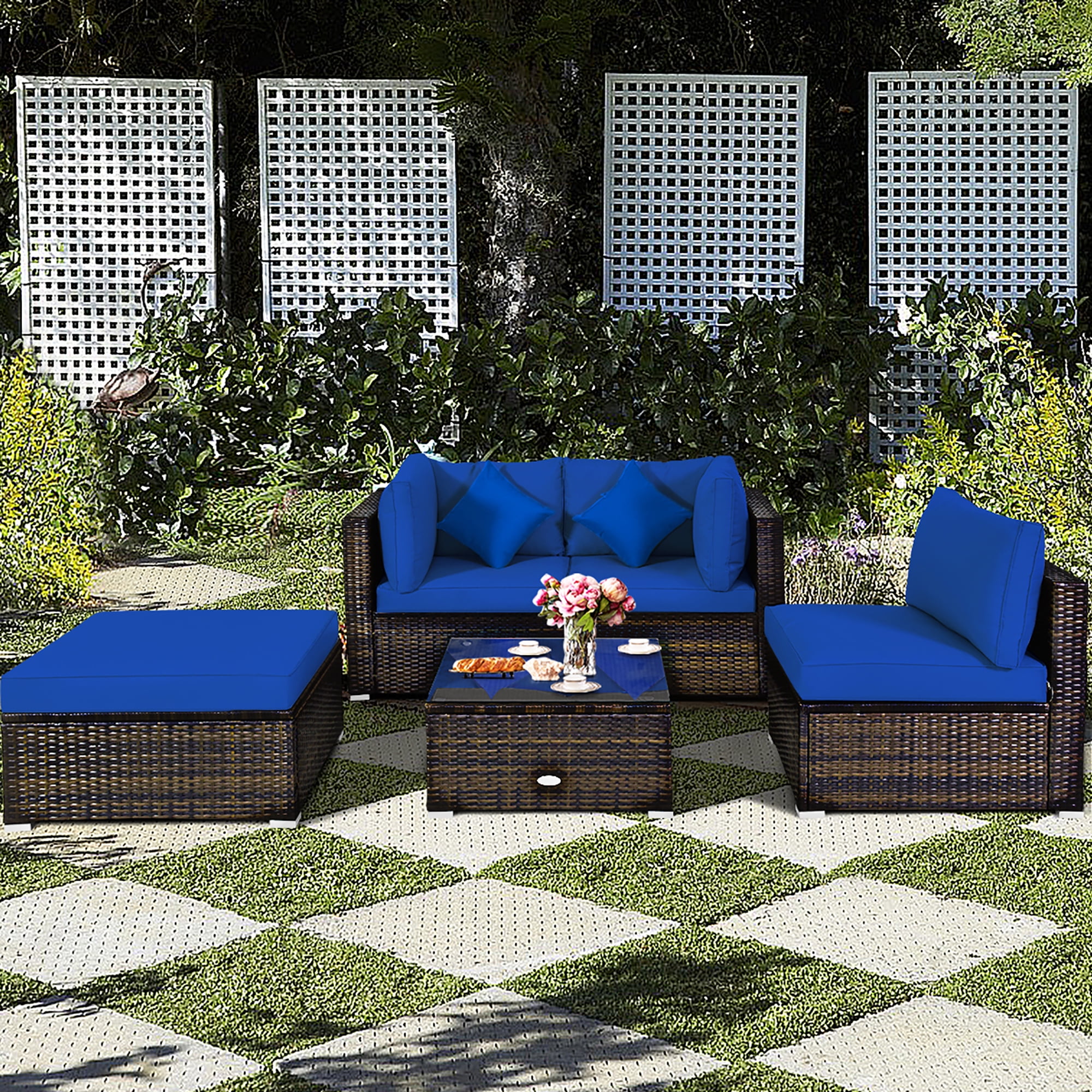 Costway 5PCS Outdoor Patio Rattan Furniture Set Sectional Conversation W/Navy Cushions
