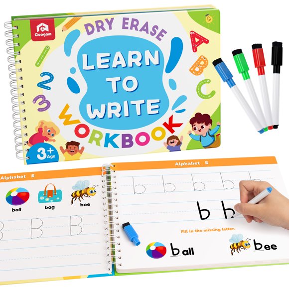Coogam Cahier d'Apprentissage de l'Écriture Chiffres Lettres Livre d'Entraînement ABC Alphabet Mots de Vue Écriture Jouet Éducatif Montessori pour Enfants