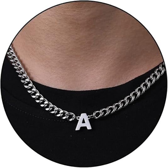 Christmas Gift - A-Z Cuban Chain Necklace, Men's Letter Pendant, Stainless Steel, 6.5mm, 18 2 inches, Jewelry Gift