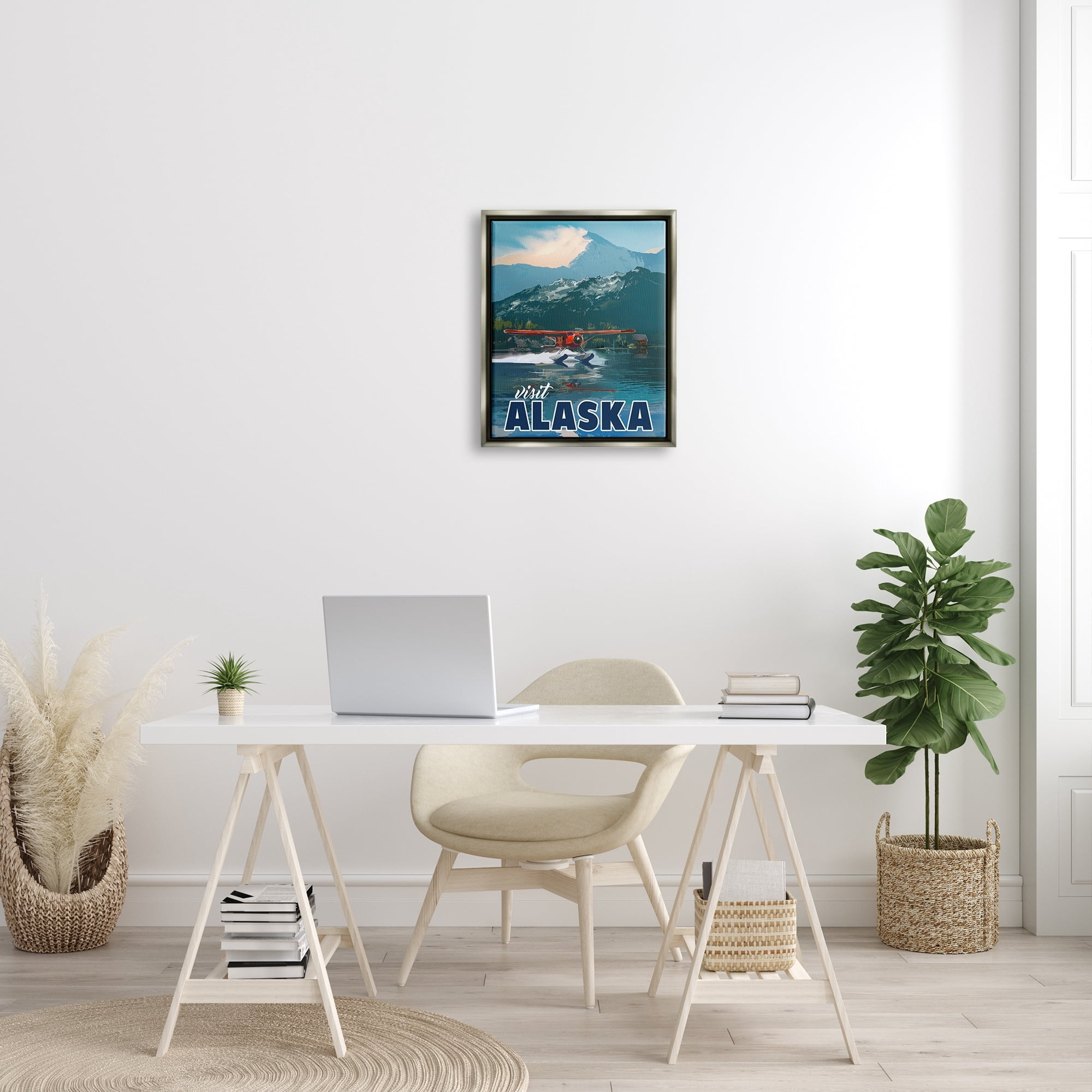 Stupell Industries Visit Alaska Seaplane Landing Snowy Mountain Scenery Graphic Art Luster Gray Floating Framed Canvas Print Wall Art, Design by David Owens Illustration