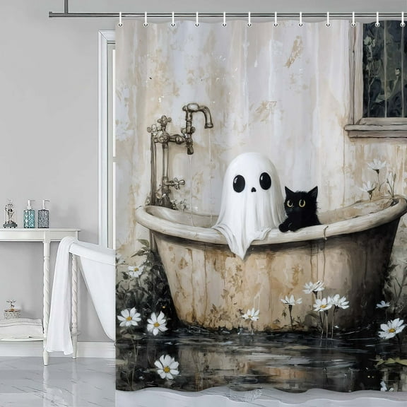 Halloween Ghost Shower Curtain, Vintage Spooky Cute Ghost Rustic Daisy Flowers Floral Watercolor Gothic Funny Halloween Bathroom Fabric Shower Curtain Set Decor with Hooks, 72x72In
