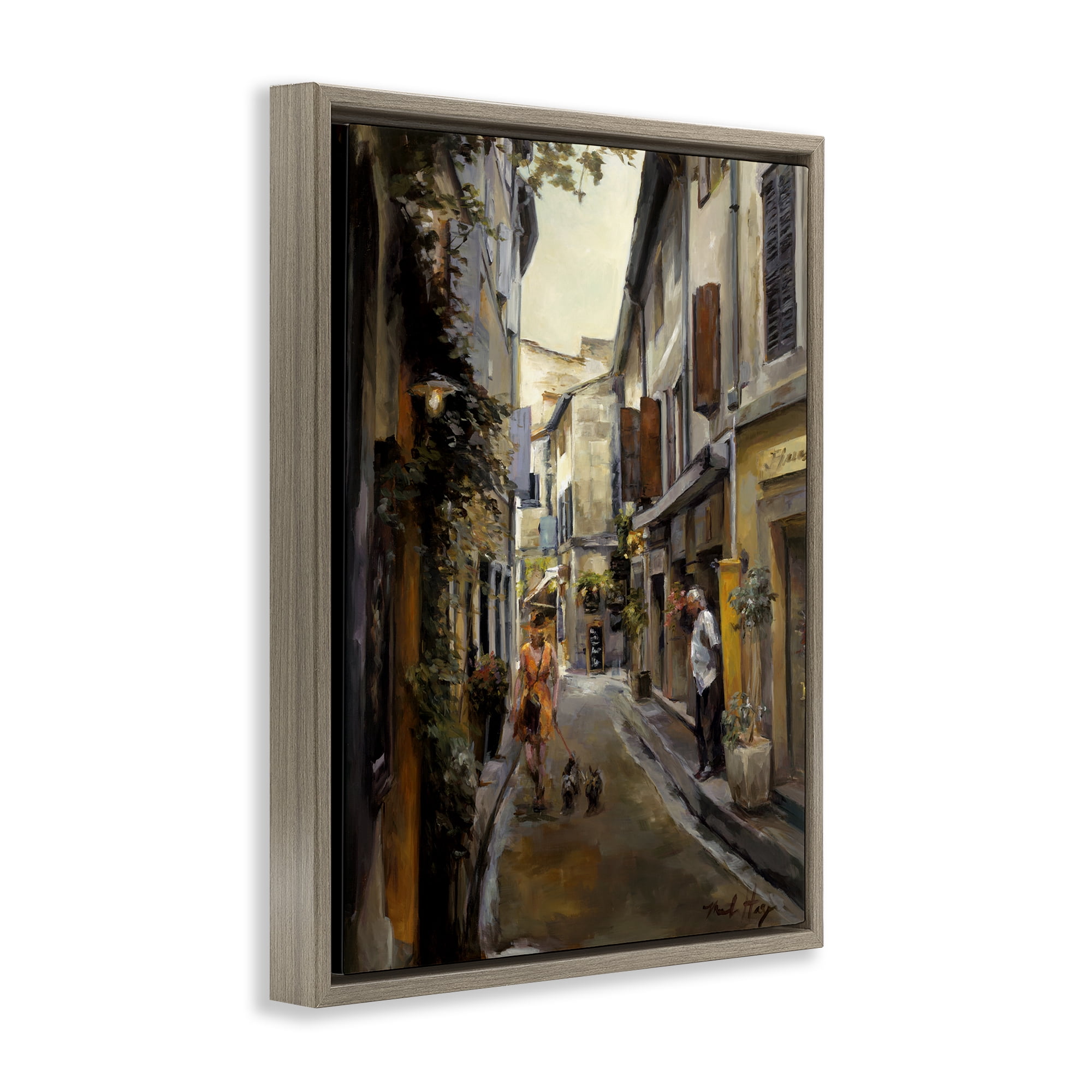 Stupell Industries European City Dog Walk Buildings & Architecture Painting Brown Floater Framed Canvas Art Print Wall Art, 17 x 21