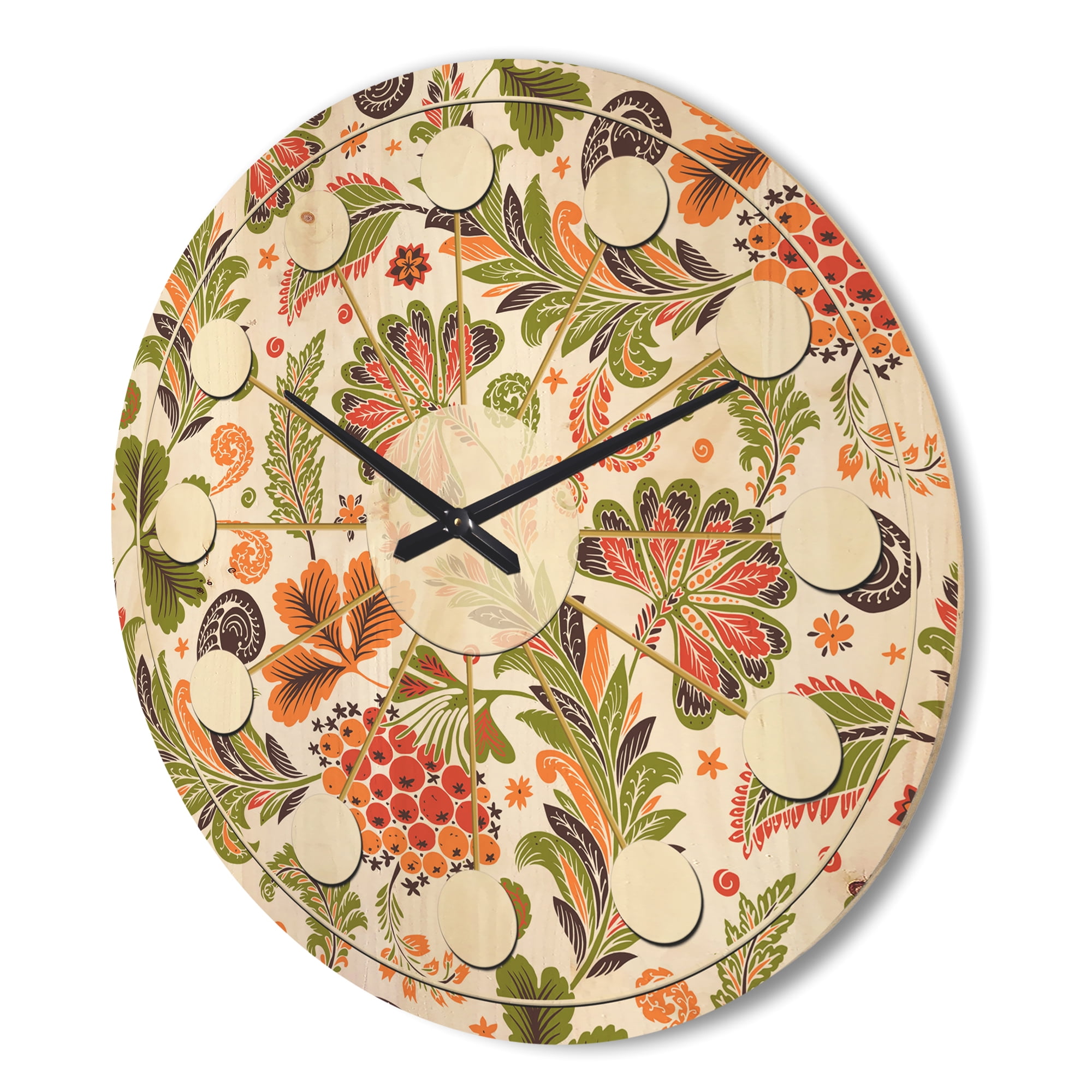 Designart 'Retro Fantasy Flowers On White I' Mid-Century Modern Wood Wall Clock