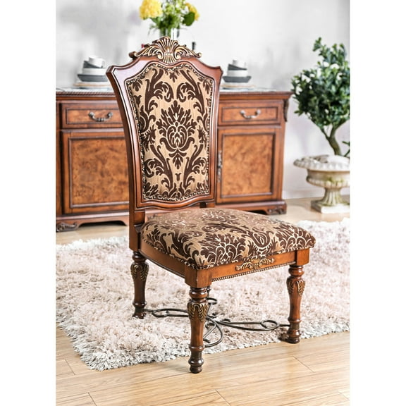 Traditional Fancy 2pcs Side Chairs, Brown Cherry Solid Wood, Intricate Details, Floral Print Fabric Seats For Dining Room Chairs (2pcs) - Carvings, Seats, Classic Style