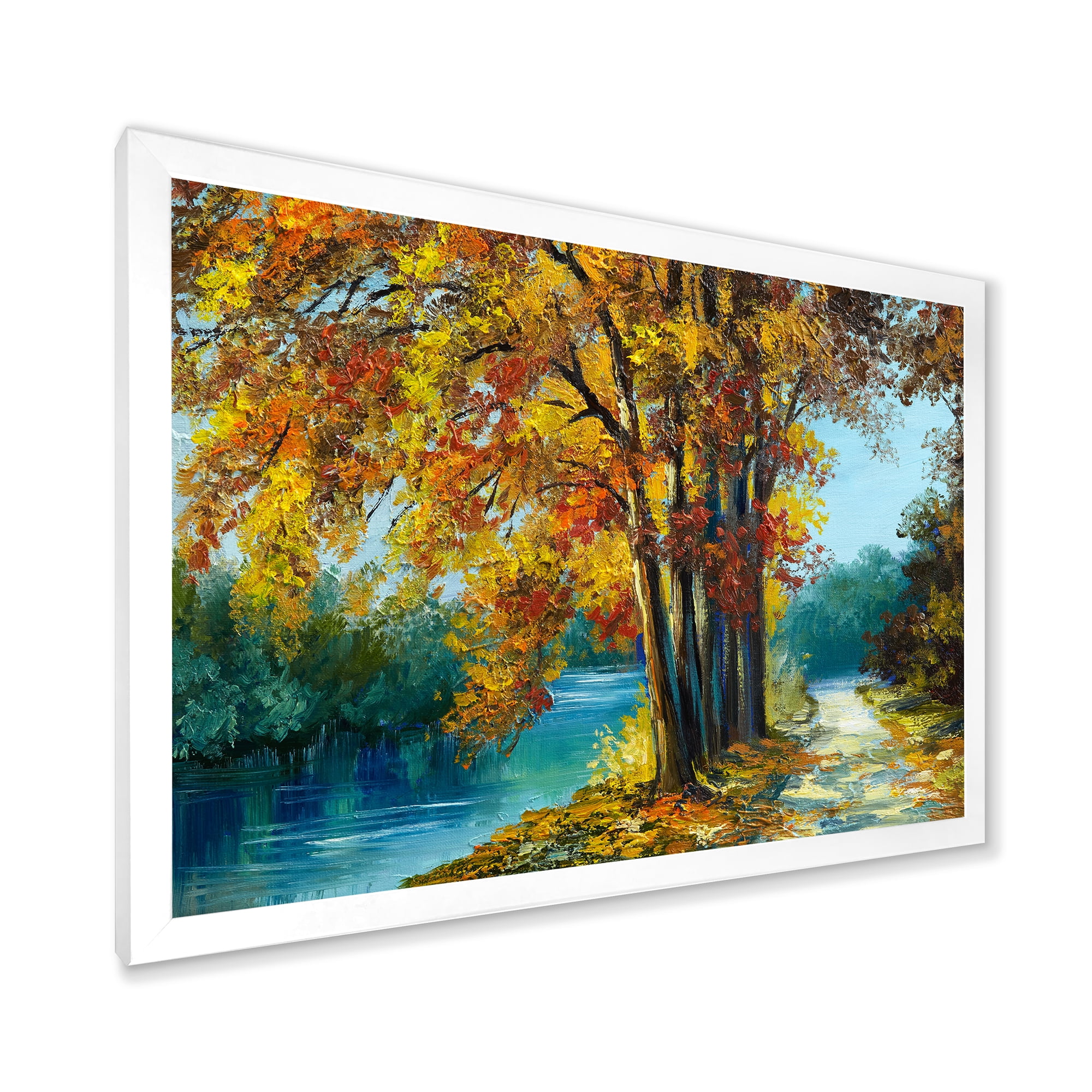 Designart 'Abstract Trees In Warm Autumn Colors By Bright Blue River' Traditional Framed Art Print
