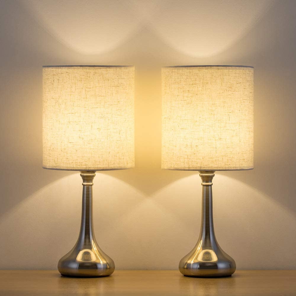 Oumilen Set of 2 Silver Modern Bedroom Nightstand Lamp Cream Shade