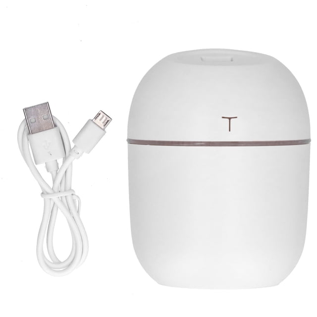 humidificador portátil, humidificador de 220 ml, humidificador usb portátil, humidificador de escritorio construido para precisión jadeshay a blanco: vista frontal centrada de humidificador ultrasónico compacto de 220 ml con cuerpo ovalado mate, banda decorativa en el tercio superior y pequeño botón táctil; cable USB a micro‑USB incluido. Diseñado para humidificación en escritorio, auto y viajes, con salida de niebla y luz nocturna LED; también suele usarse como difusor de aceites esenciales solubles en agua.