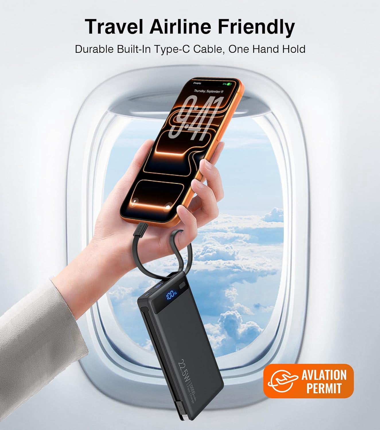 Power Bank with 2 Built-in Cables 10000mAh, 22.5W PD Slim Portable Charger USB C Battery Pack, Travel Essentials Fast Charging Powerbank Compatible with iPhone 17 16 15 14 Plus Pro Samsung iPad etc