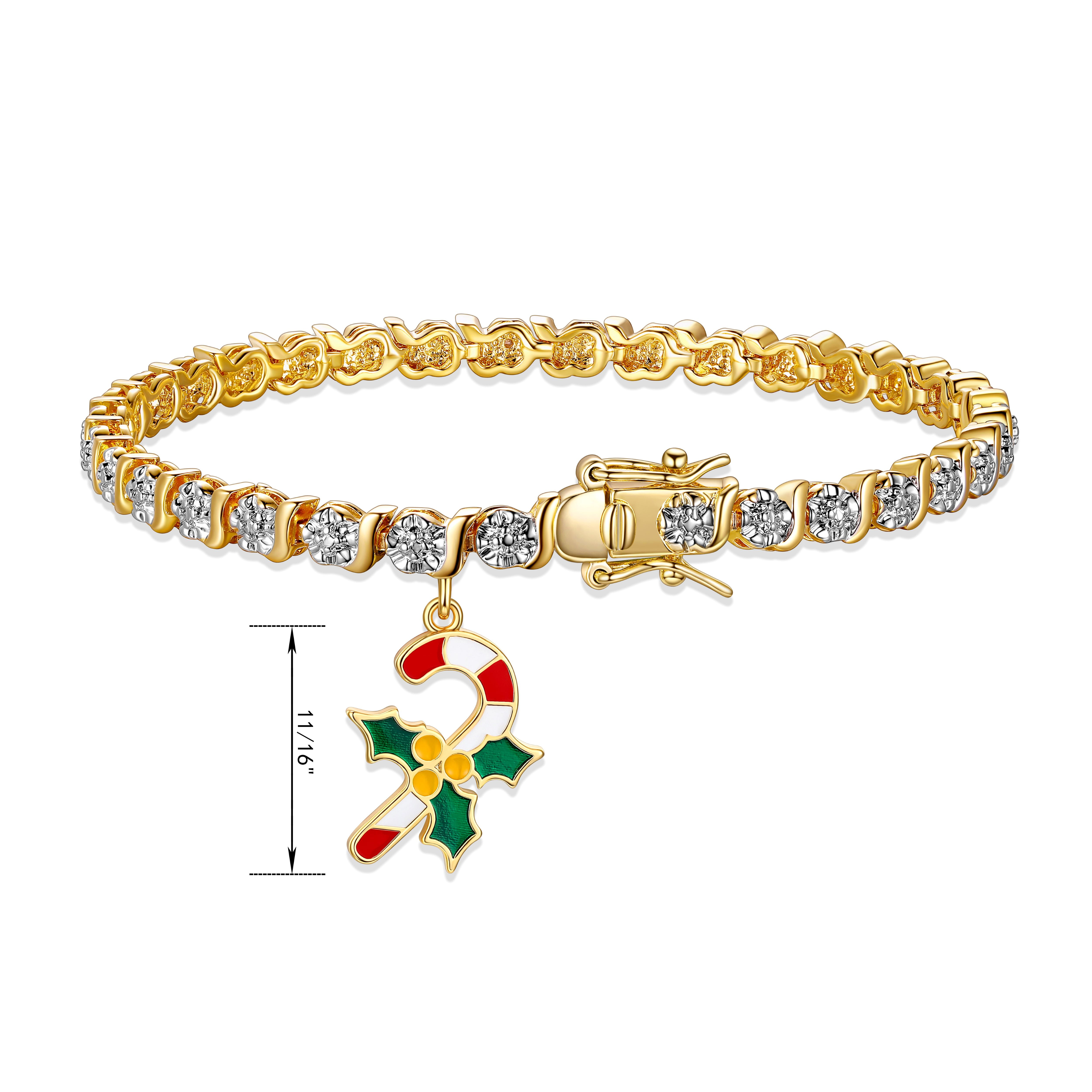 Fine Silver Plated Diamond Accent "S" Link Gold Tone Tennis Bracelet With Enamel Holiday Candy Cane Charm 7.25"