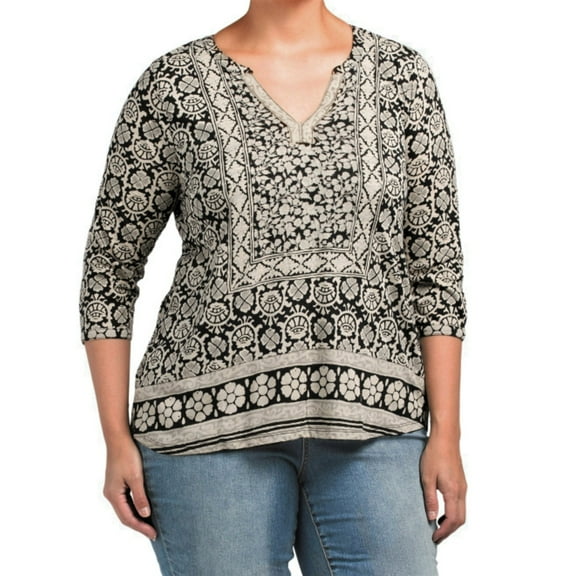 Lucky Brand Women's Plus Bohemian Block Textured Floral Print Tunic Top-Black / 1X