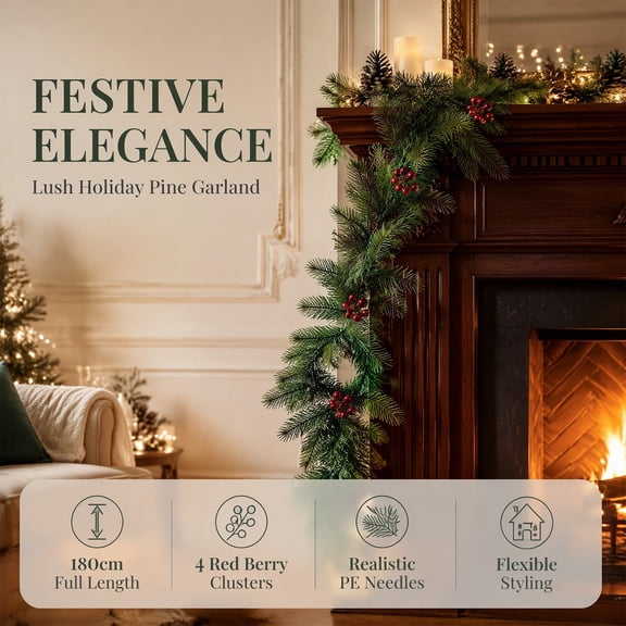 Clearance! Christmas Garland 6FT Artificial Pine Wreath with Berries for Fireplace Mantel Staircase Railing Holiday Party Indoor Outdoor Home Decoration Xmas Seasonal Decor