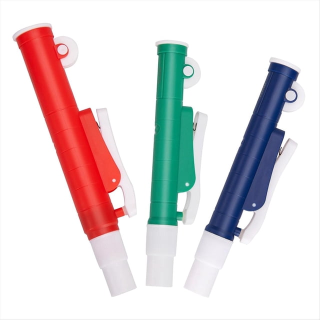 Bombas de pipeta, 3 unidades. Bombas manuales de laboratorio: 2 ml azul, 10 ml verde, 25 ml roja, aptas para pipetas de vidrio o plástico.