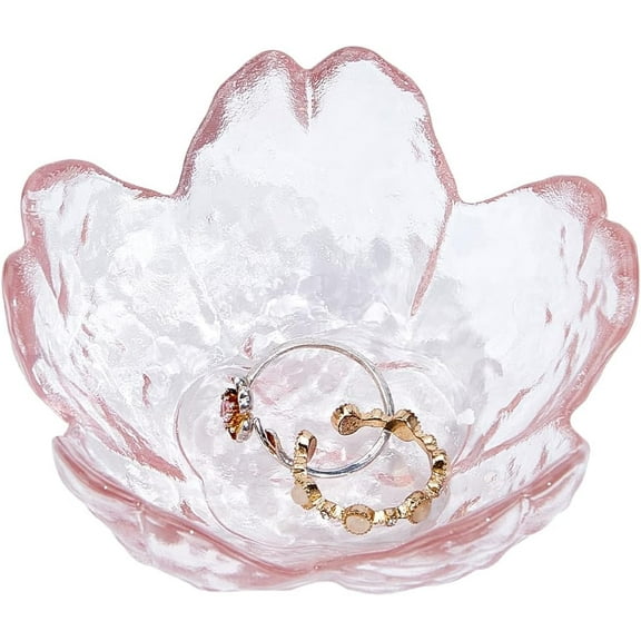 Small Glass Jewelry Tray Sakura Flower Glass Jewelry Dish Ring Dishes for Women Transparent Desktop Jewelry Organize Bedside Cupboard Photography Props Rings Pink 3.3x3.3x1.3 Inch