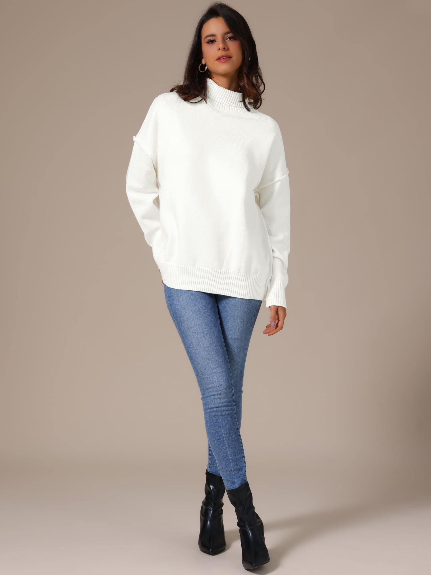 DARING DIVA Women's Oversized Mock Neck Long Sleeve Pullover Sweater 2XL White