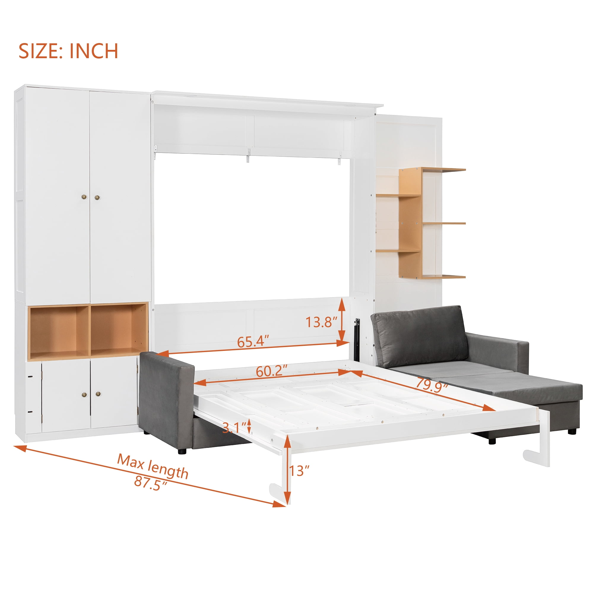 Mintazer Queen Size Murphy Bed with L-Shaped Sofa & Storage, Modern Folding Wall Bed with Lights & Cabinets for Home Office, White & Gray