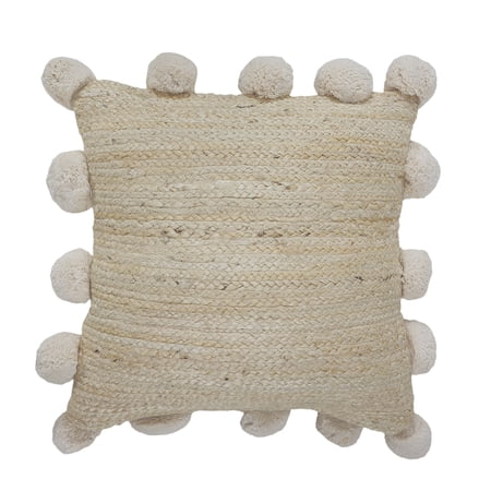 Ox Bay Quade 20" x 20" Natural Solid Jute Pom Pom Bordered Adult Decorative Throw Pillow