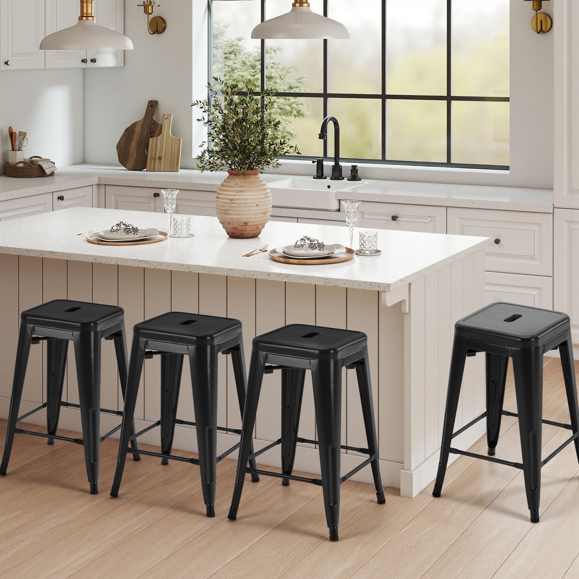 Metal Bar Stools, 4-Pack, Backless Counter Height, Stackable