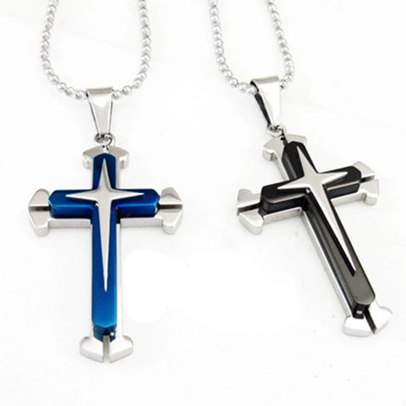 Men Women Fashion Cross Pendant Stainless Steel Chain Necklace Chain Jewelry Charm Gift color Blue