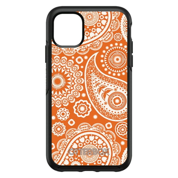 DistinctInk OtterBox Symmetry Custom Case for Apple iPhone 15 (6.1" Screen) - Orange White Paisley - Tempered Glass Back