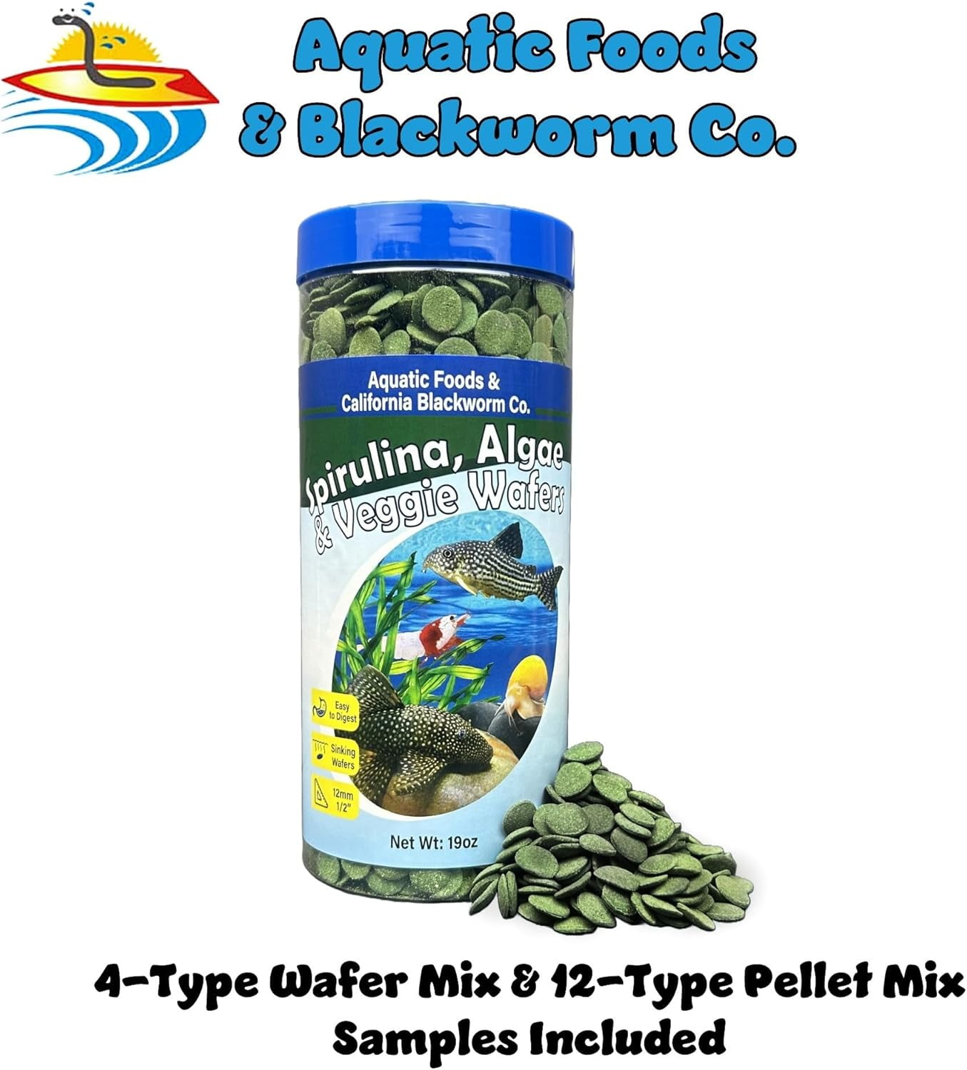 12mm - 1/2" Sinking Wafers of Spirulina, Algae for Plecos, Catfish, Shrimp, Snails, All Tropicals, Pellet Mix & Wafer Mix Included 19oz Canister