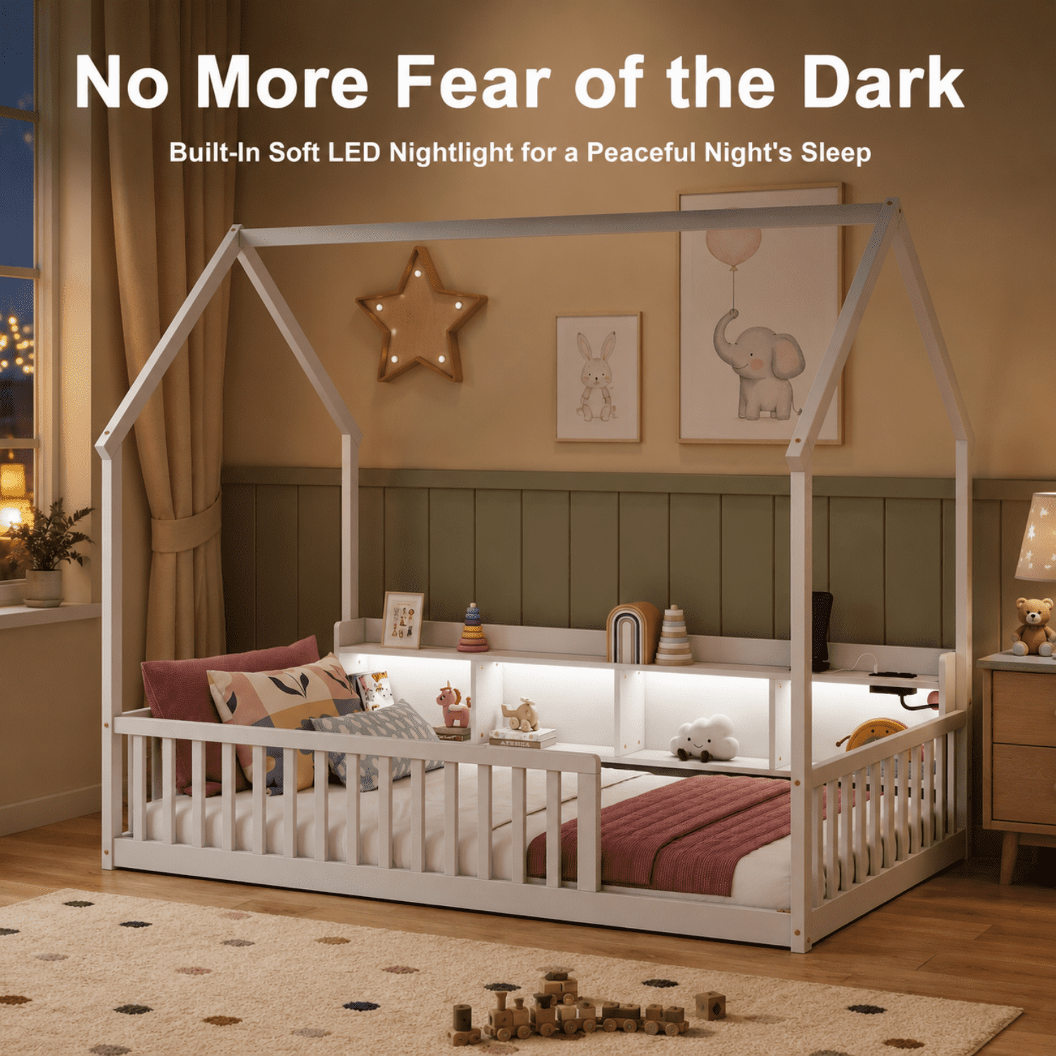Miniyam Twin House Bed for Kids, Floor Bed with Storage, LED, Charging Station, White