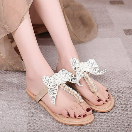 

Wavsuf Slippers for Women Flip Flops Casual Summer Bow Beige Slippers Size 9