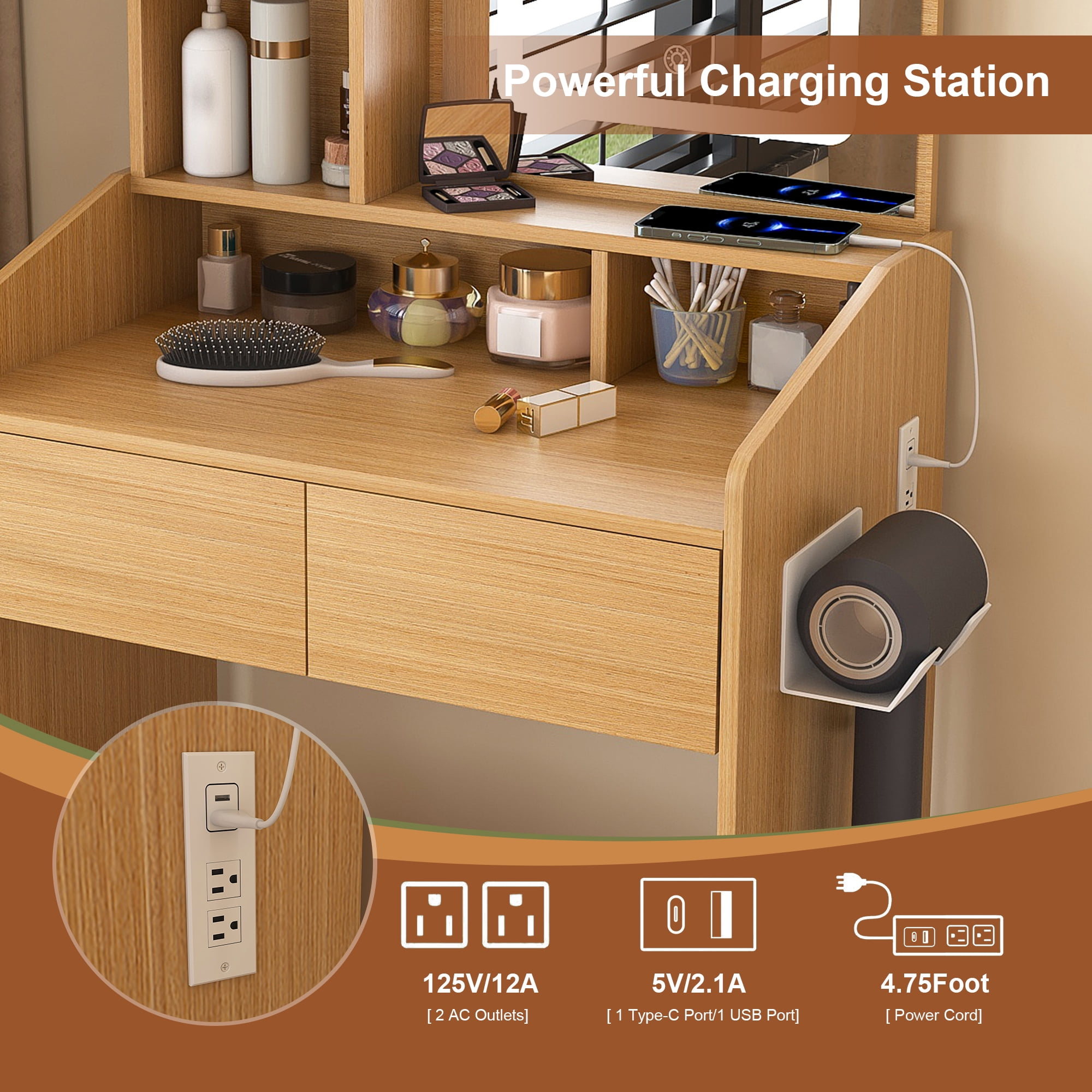 Alvantor Makeup Vanity Desk Set with Mirror & Lighting, Built-in Power Outlet & Hairdryer Holder, Ideal for Small Bedrooms