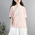 thumbnail image 3 of Tmtolofot Women Thin Embroidery Tops Cotton Linen Lapel Tees Shirts Casual Crew Neck Comfy Tunic Top 2024 Summer Fashion Vintage Breath T-Shirts Solid Color Formal Shirts，1_Pink，Medium, 3 of 4