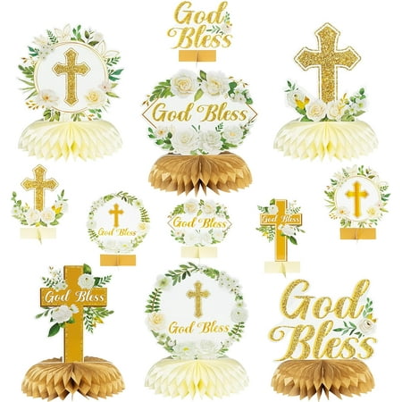 Hltser 12Pcs Blue Floral God Bless Honeycomb Centerpieces Baptism Party Honeycomb Centerpieces God Bless Christian Party Table Decorations for Baby Boys Girls Gender Reveal Christian Them